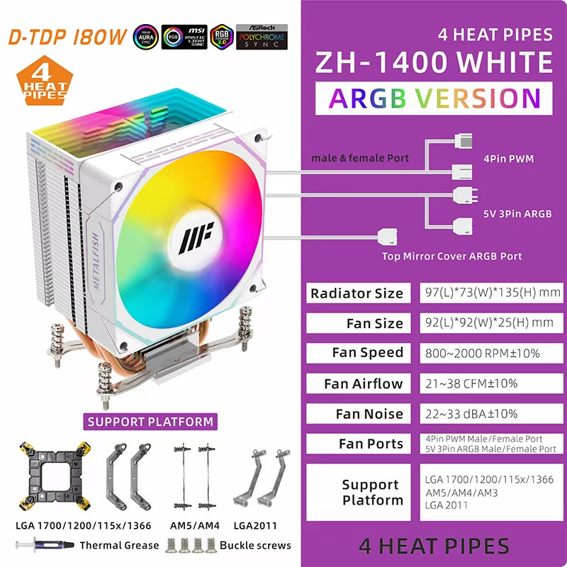 ZH1400 CPU Cooler with 4 Heatpipes & Silent ARGB Fan - Compatible with Intel & AMD Processors
