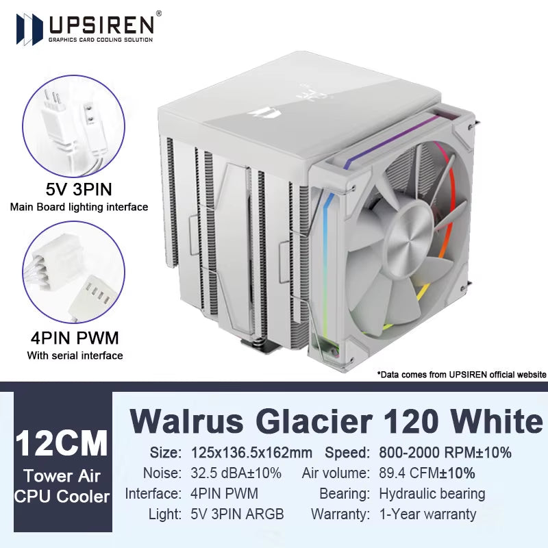 Walrus Glacier 120 Dual Tower CPU Cooler with Digital Display - 6 Copper Heat Pipes & Dual Fans for LGA1851 & AMD AM5