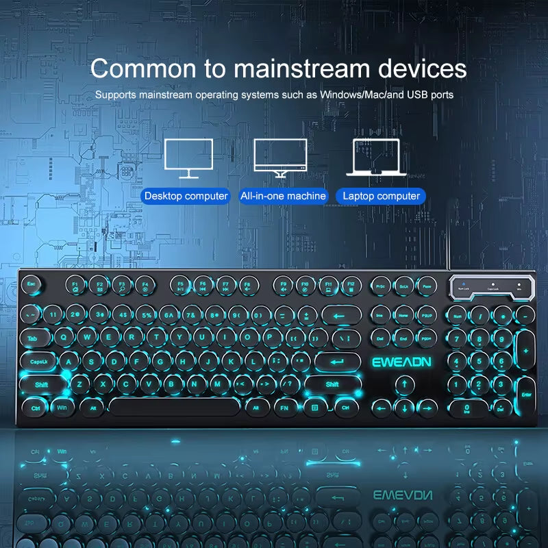 GX330 Typewriter Gaming Keyboard, 104 Keys Wired Retro Punk round Keycaps, with RGB Backlit, for Windows Laptop PC Black