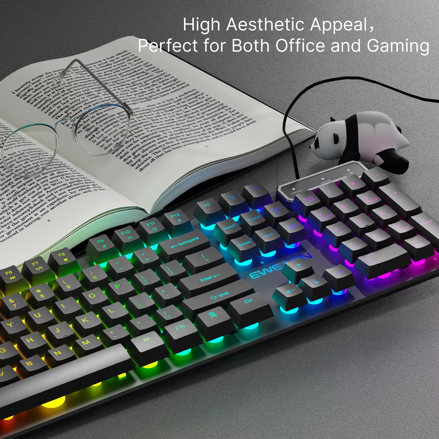 GX30Z Wired Gaming Keyboard Silent, 104 Keys Full Size LED Rainbow Backlit, Numeric Keys, Game, Office, Windows Laptop PC