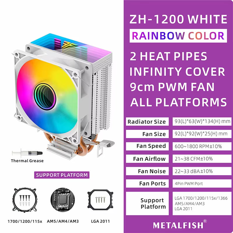 ZH1200 CPU Cooler - ARGB 2 Heatpipes Radiator with Silent PWM Fan for Intel & AMD Processors