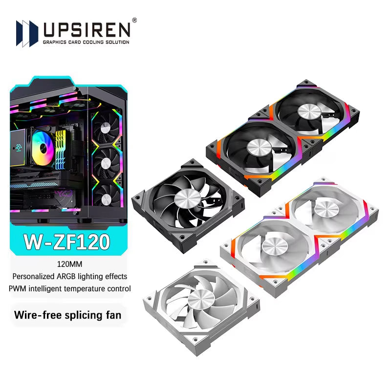 W-ZF120 120Mm 5V 3-PIN ARGB/12V 4-PIN PWM Quiet Cooling Fan Wire-Free Splicing Case Fans 800-2000RPM 61.5 CFM Air Volume