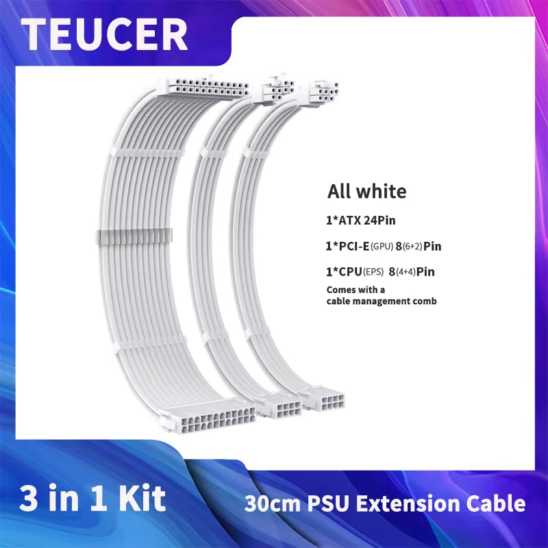 TEUCER CPU PSU Extension Cable 30Cm 3 in 1 Motherboard ATX 24Pin GPU PCI-E 6+2Pin 8Pin CPU EPS 4+4Pin 18AWG Power Cord with Comb