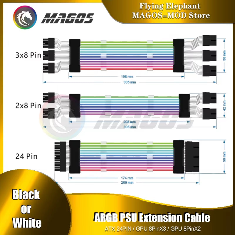 PC Case PSU Extension RGB Cable, ATX 24Pin + PCI-E GPU 8Pinx2, Neon Color Line ARGB Streamer Transfer Adapter, M/B 5V 3Pin SYNC