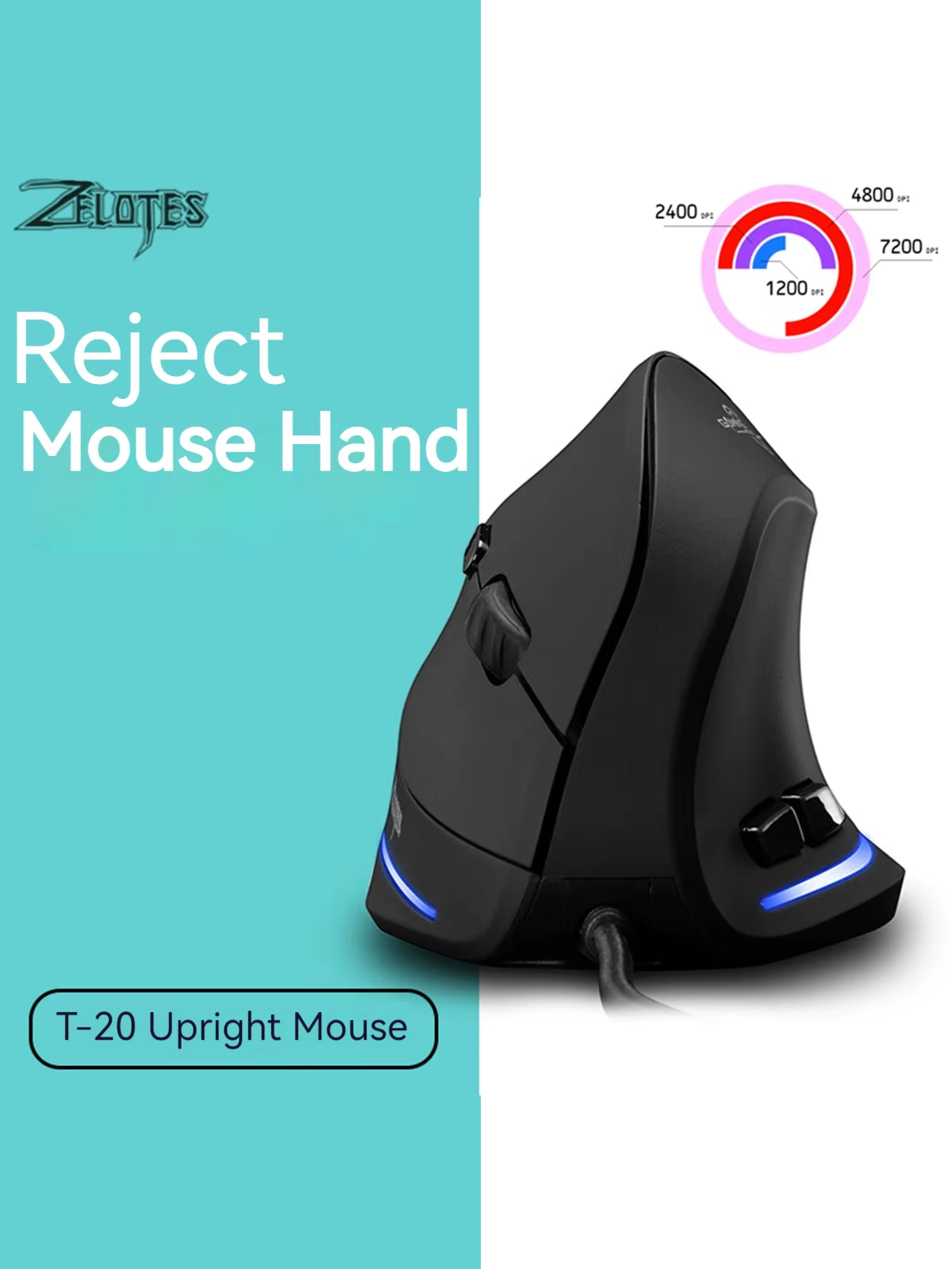 Zelotes T-20 Wired Vertical Mouse Ergonomic Rechargeable 6-Key DPI Adjustable Computer Office/Gaming Mouse
