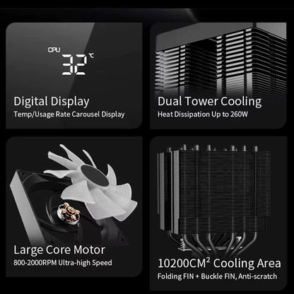 Walrus Glacier 120 Dual Tower CPU Cooler with Digital Display - 6 Copper Heat Pipes & Dual Fans for LGA1851 & AMD AM5