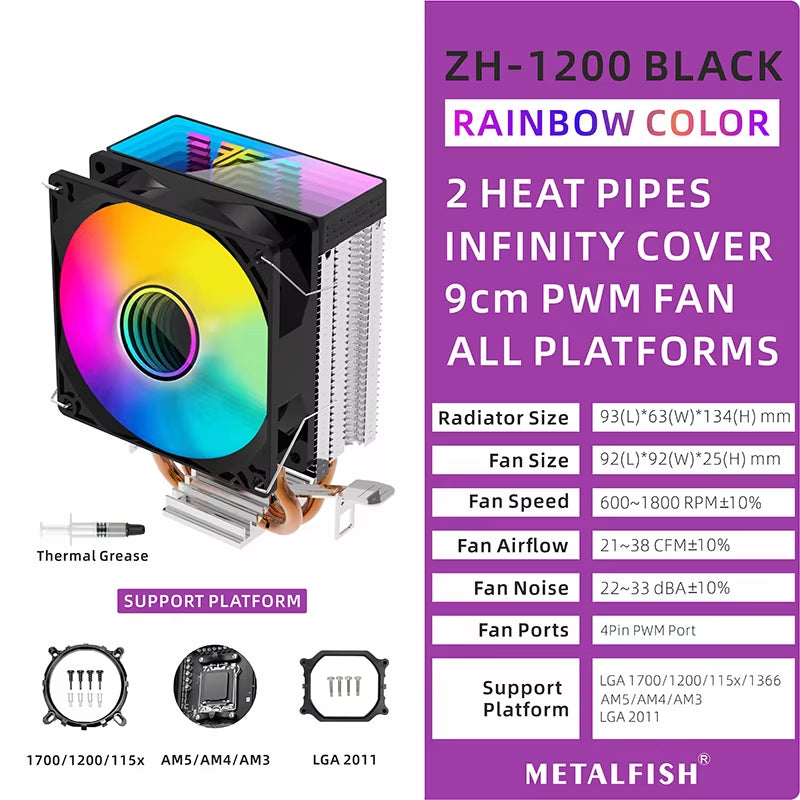ZH1200 CPU Cooler - ARGB 2 Heatpipes Radiator with Silent PWM Fan for Intel & AMD Processors