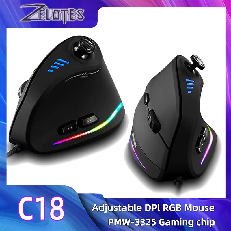 ZELOTES C-18 Vertical Gaming Mouse 10000 DPI Programmable 11 Buttons USB Wired RGB Optical Remote Mouse Gamer Mice for Laptop PC