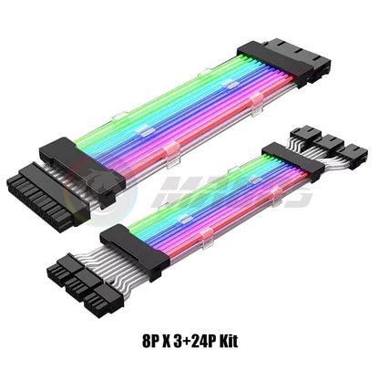 PC Case PSU Extension RGB Cable, ATX 24Pin + PCI-E GPU 8Pinx2, Neon Color Line ARGB Streamer Transfer Adapter, M/B 5V 3Pin SYNC