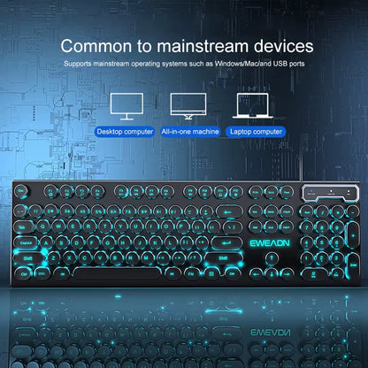 GX330 Typewriter Gaming Keyboard, 104 Keys Wired Retro Punk round Keycaps, with RGB Backlit, for Windows Laptop PC Black