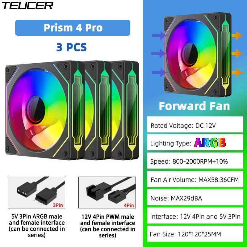 Prism 4 PRO 3PCS PC Case Fan 120Mm ARGB Cyclic Mirror Light Effect PWM 800-2000RPM CPU Cooler Ventilador