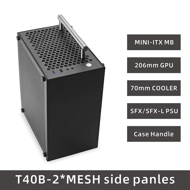 T40 Mini ITX Black Case 7L Gaming Computer Chassis Compact Transparent PC Support SFX Psu/70Mm Cooler/206Mm GPU