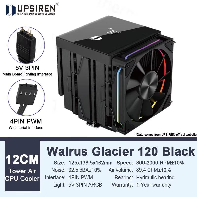 Walrus Glacier 120 Dual Tower CPU Cooler with Digital Display - 6 Copper Heat Pipes & Dual Fans for LGA1851 & AMD AM5