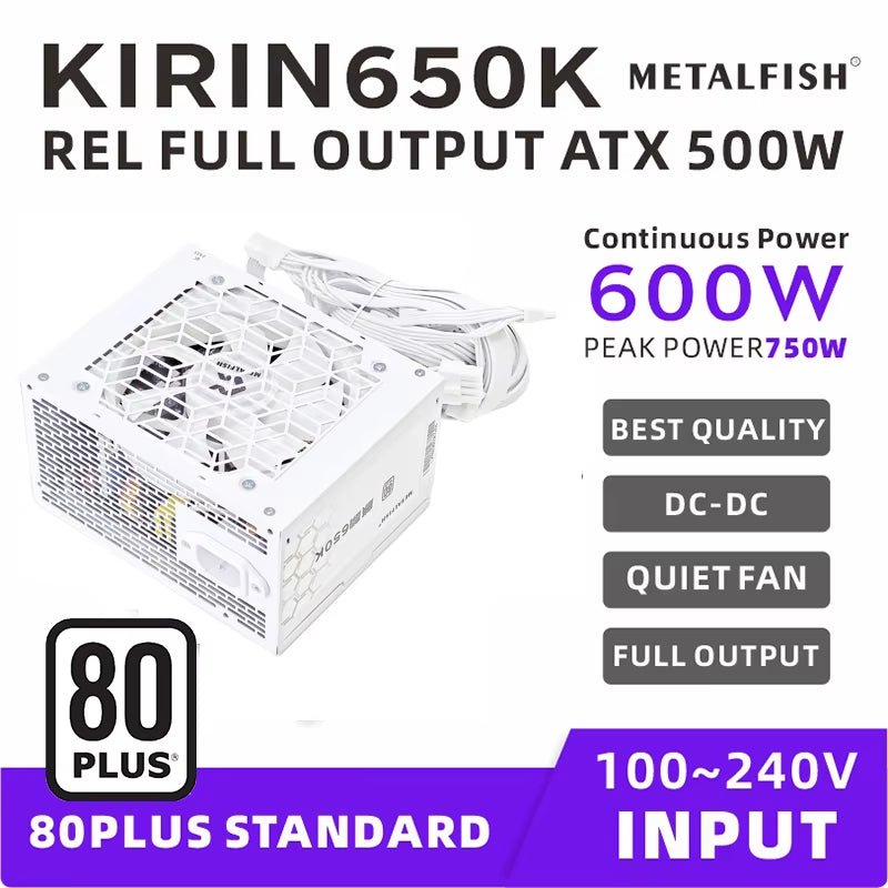 KIRIN650K White Chassis Power Supply ATX-500W 80PLUS PSU for Gaming Computers, Graphics Card Docks (100-240V)