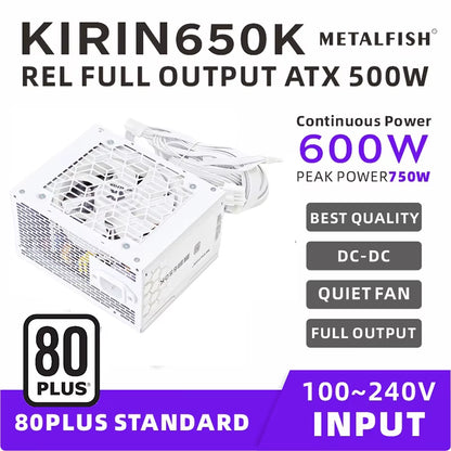 KIRIN650K White Chassis Power Supply ATX-500W 80PLUS PSU for Gaming Computers, Graphics Card Docks (100-240V)