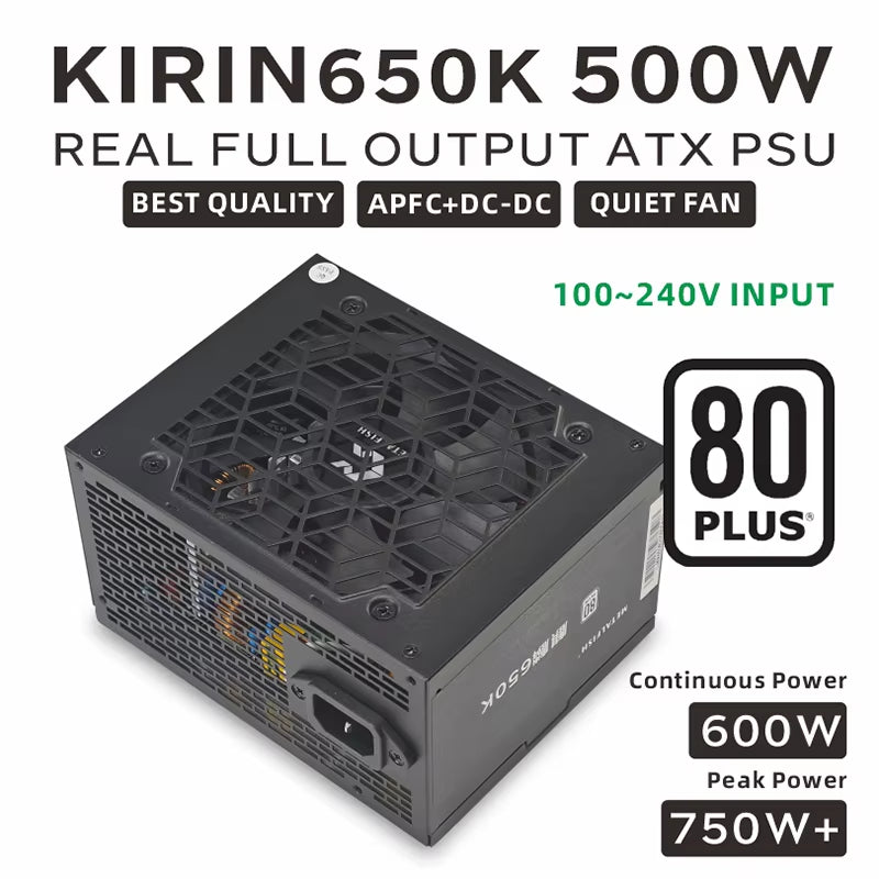 KIRIN650K Black Chassis Power Supply ATX-500W 80PLUS PSU for Gaming Computers, Graphics Card Docks (100-240V)