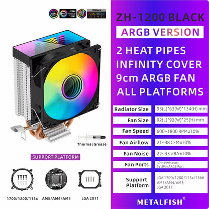 ZH1200 CPU Cooler - ARGB 2 Heatpipes Radiator with Silent PWM Fan for Intel & AMD Processors