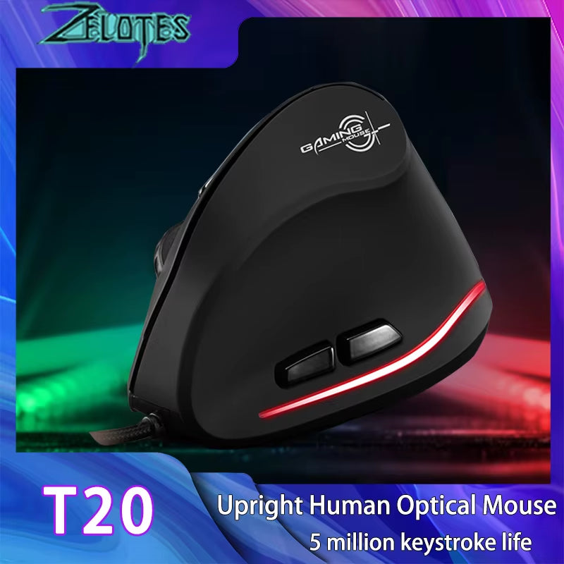 Zelotes T-20 Wired Vertical Mouse Ergonomic Rechargeable 6-Key DPI Adjustable Computer Office/Gaming Mouse