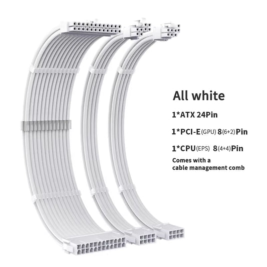 TEUCER CPU PSU Extension Cable 30Cm 3 in 1 Motherboard ATX 24Pin GPU PCI-E 6+2Pin 8Pin CPU EPS 4+4Pin 18AWG Power Cord with Comb