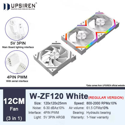 W-ZF120 120Mm 5V 3-PIN ARGB/12V 4-PIN PWM Quiet Cooling Fan Wire-Free Splicing Case Fans 800-2000RPM 61.5 CFM Air Volume