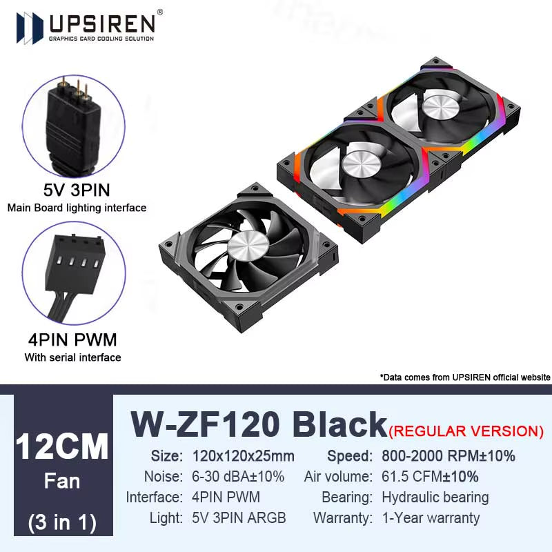 W-ZF120 120Mm 5V 3-PIN ARGB/12V 4-PIN PWM Quiet Cooling Fan Wire-Free Splicing Case Fans 800-2000RPM 61.5 CFM Air Volume