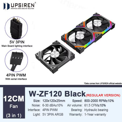 W-ZF120 120Mm 5V 3-PIN ARGB/12V 4-PIN PWM Quiet Cooling Fan Wire-Free Splicing Case Fans 800-2000RPM 61.5 CFM Air Volume