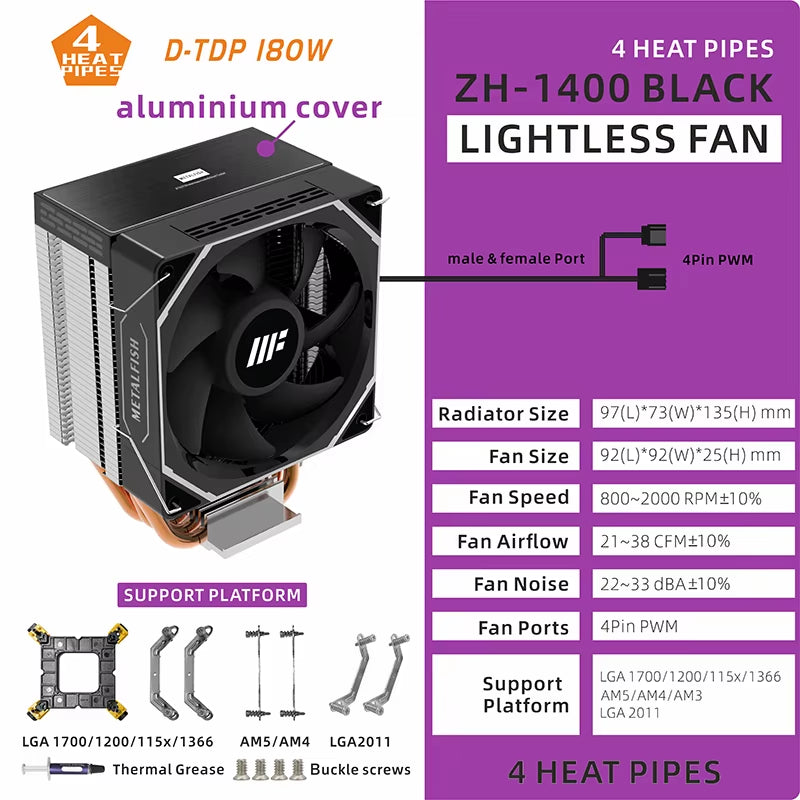 ZH1400 CPU Cooler with 4 Heatpipes & Silent ARGB Fan - Compatible with Intel & AMD Processors