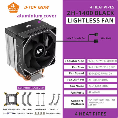 ZH1400 CPU Cooler with 4 Heatpipes & Silent ARGB Fan - Compatible with Intel & AMD Processors