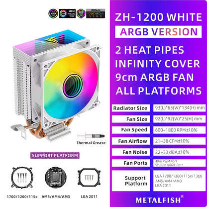 ZH1200 CPU Cooler - ARGB 2 Heatpipes Radiator with Silent PWM Fan for Intel & AMD Processors