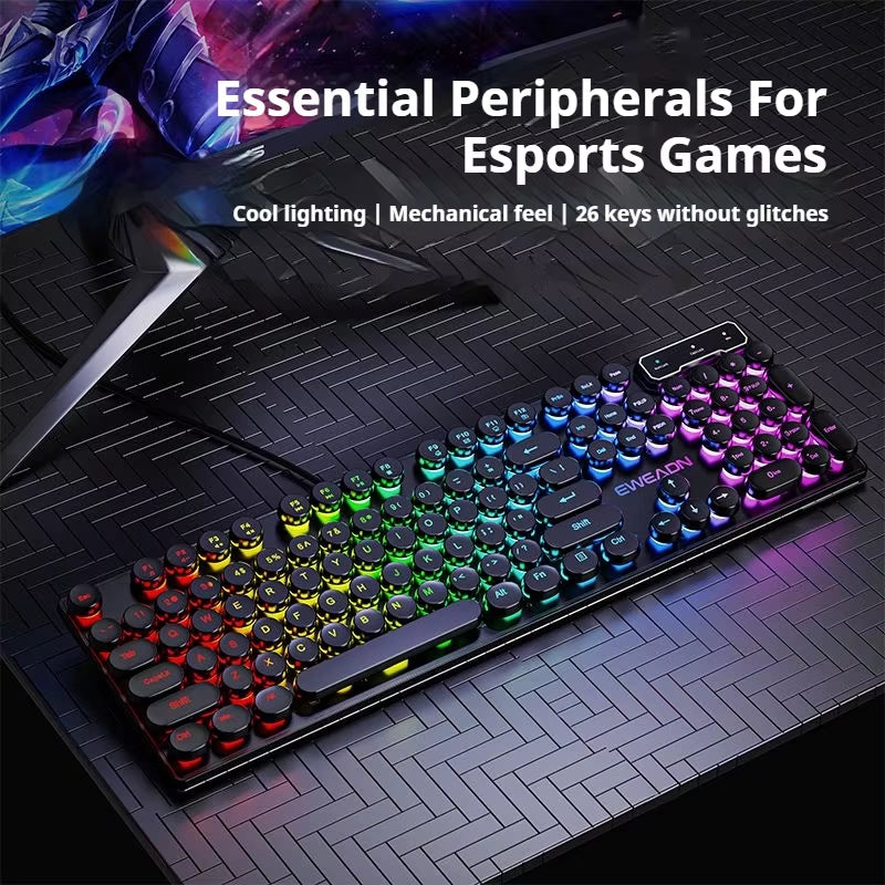 GX330 Typewriter Gaming Keyboard, 104 Keys Wired Retro Punk round Keycaps, with RGB Backlit, for Windows Laptop PC Black