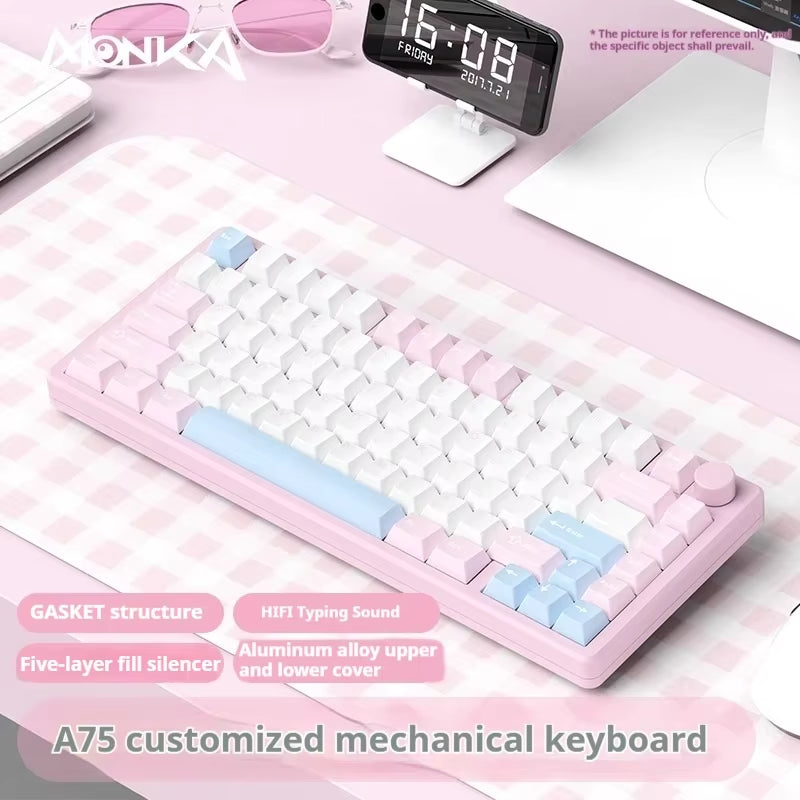Monka A75 Wireless Mechanical Keyboard 3-Mode Aluminium Alloy 81Keys Hot Swap RGB Gasket Bluetooth5.0 Customized Gaming Keyboard