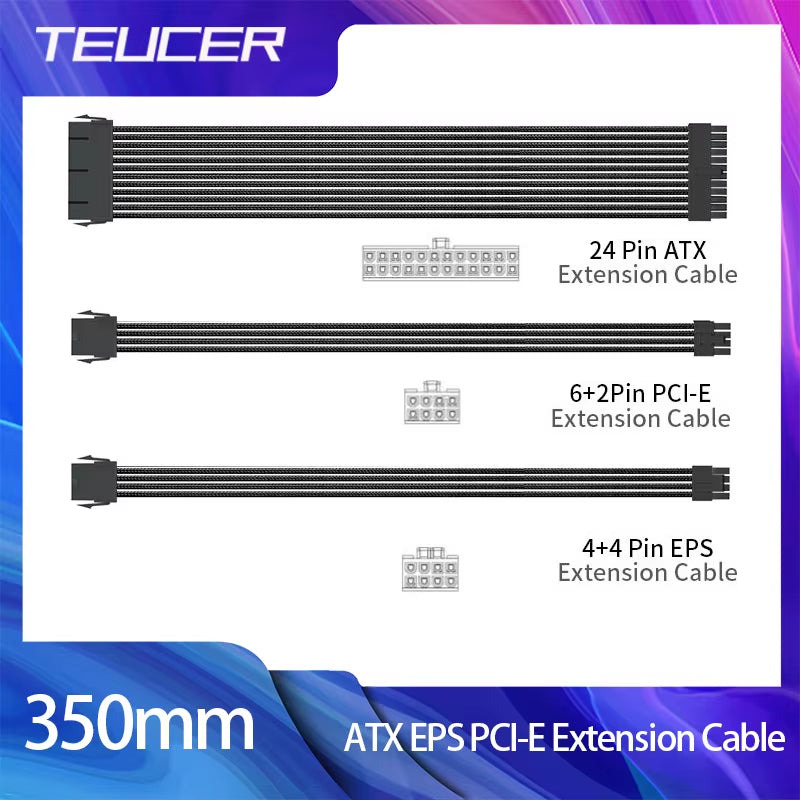 TEUCER EPS ATX PCI-E Extension Cable 350Mm 24PIN 4+4PIN 6+2PIN 8PIN PSU CPU GPU Motherboard Extension Cord