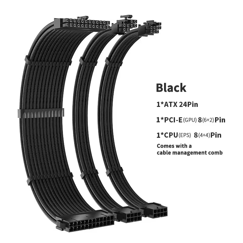 TEUCER CPU PSU Extension Cable 30Cm 3 in 1 Motherboard ATX 24Pin GPU PCI-E 6+2Pin 8Pin CPU EPS 4+4Pin 18AWG Power Cord with Comb