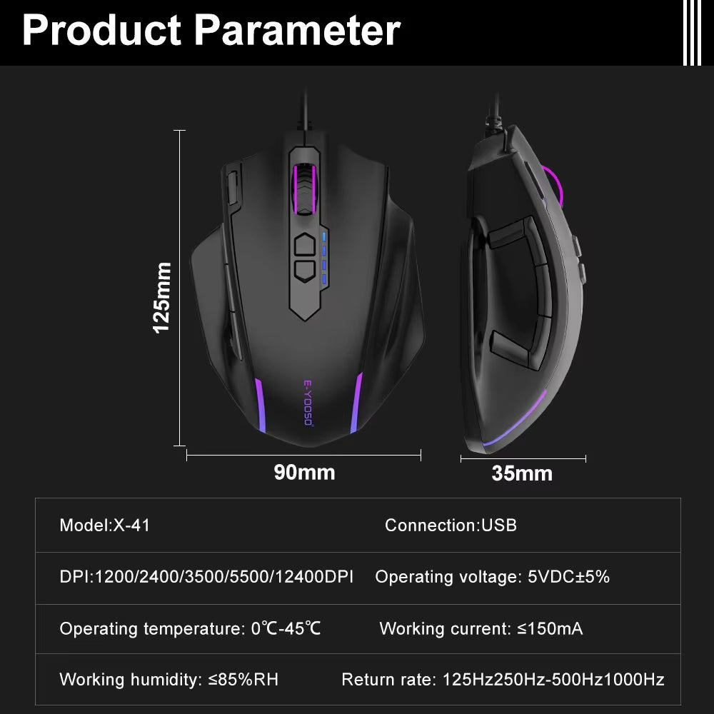 X-41 USB Wired RGB Gaming Mouse 12400 DPI PAW3327 10 Buttons Programmable Game Optical Mice for Computer PC Laptop