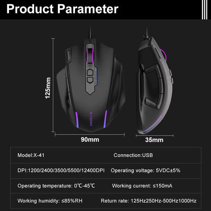 X-41 USB Wired RGB Gaming Mouse 12400 DPI PAW3327 10 Buttons Programmable Game Optical Mice for Computer PC Laptop