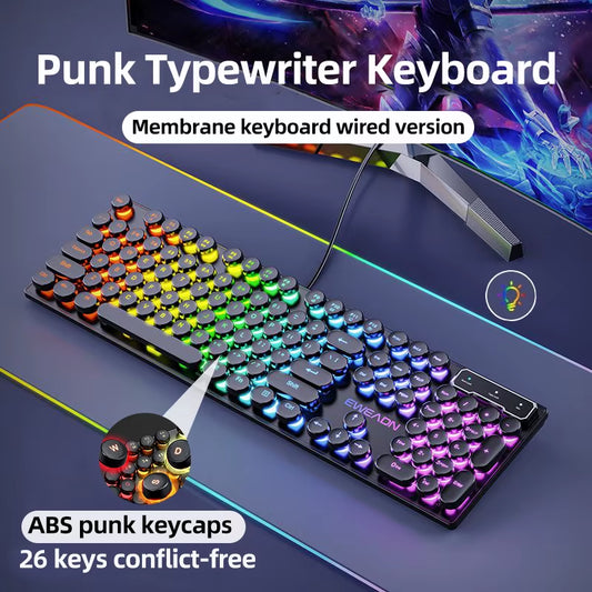 GX330 Typewriter Gaming Keyboard, 104 Keys Wired Retro Punk round Keycaps, with RGB Backlit, for Windows Laptop PC Black