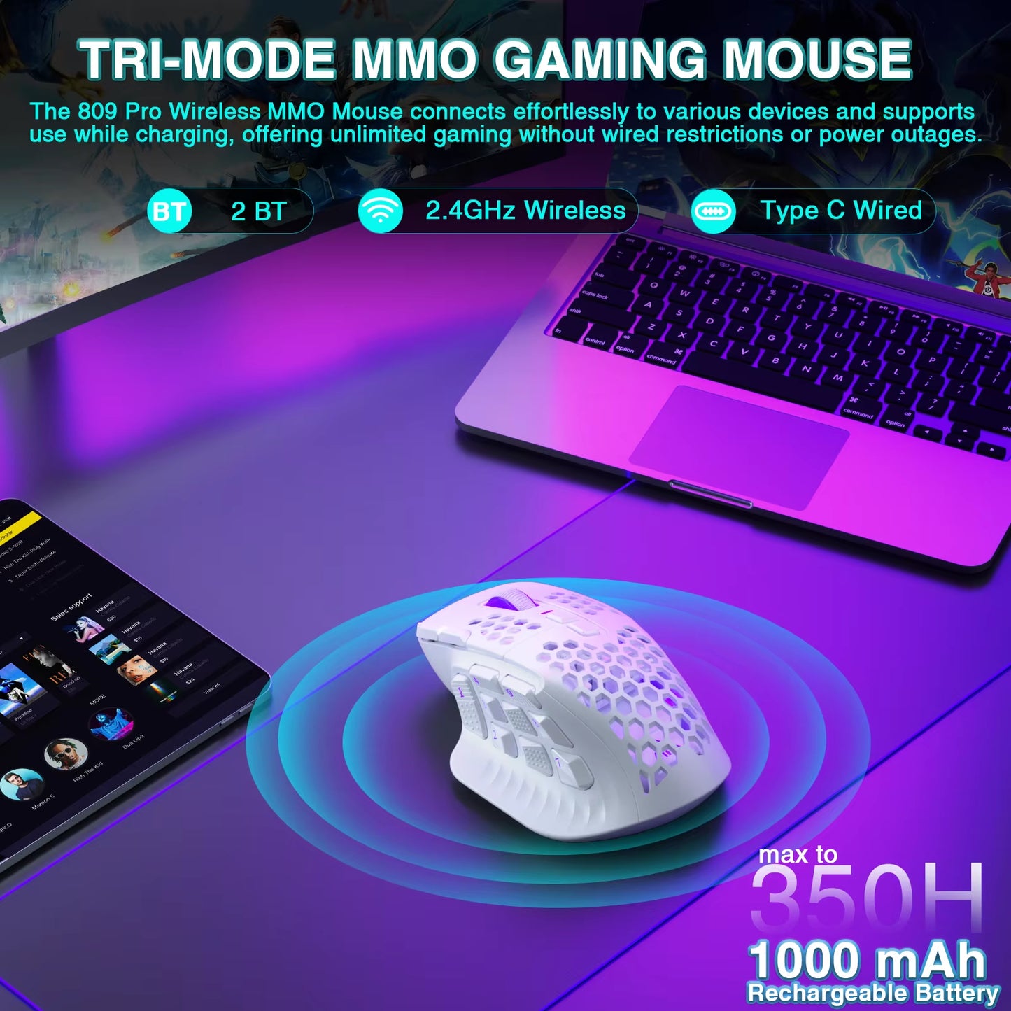 SM809 Pro Wireless MMO Gaming Mouse PAW3311 16 Side Buttons 24000 DPI RGB Honeycomb Programmable Macro Wireless Mouse
