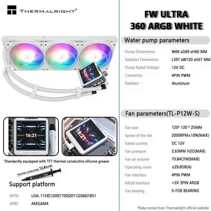 FW 360 ULTRA All-In-One CPU Water Cooler with 2.88" IPS LCD Monitor & Customizable Themes for LGA1851/1700 & AMD AM5