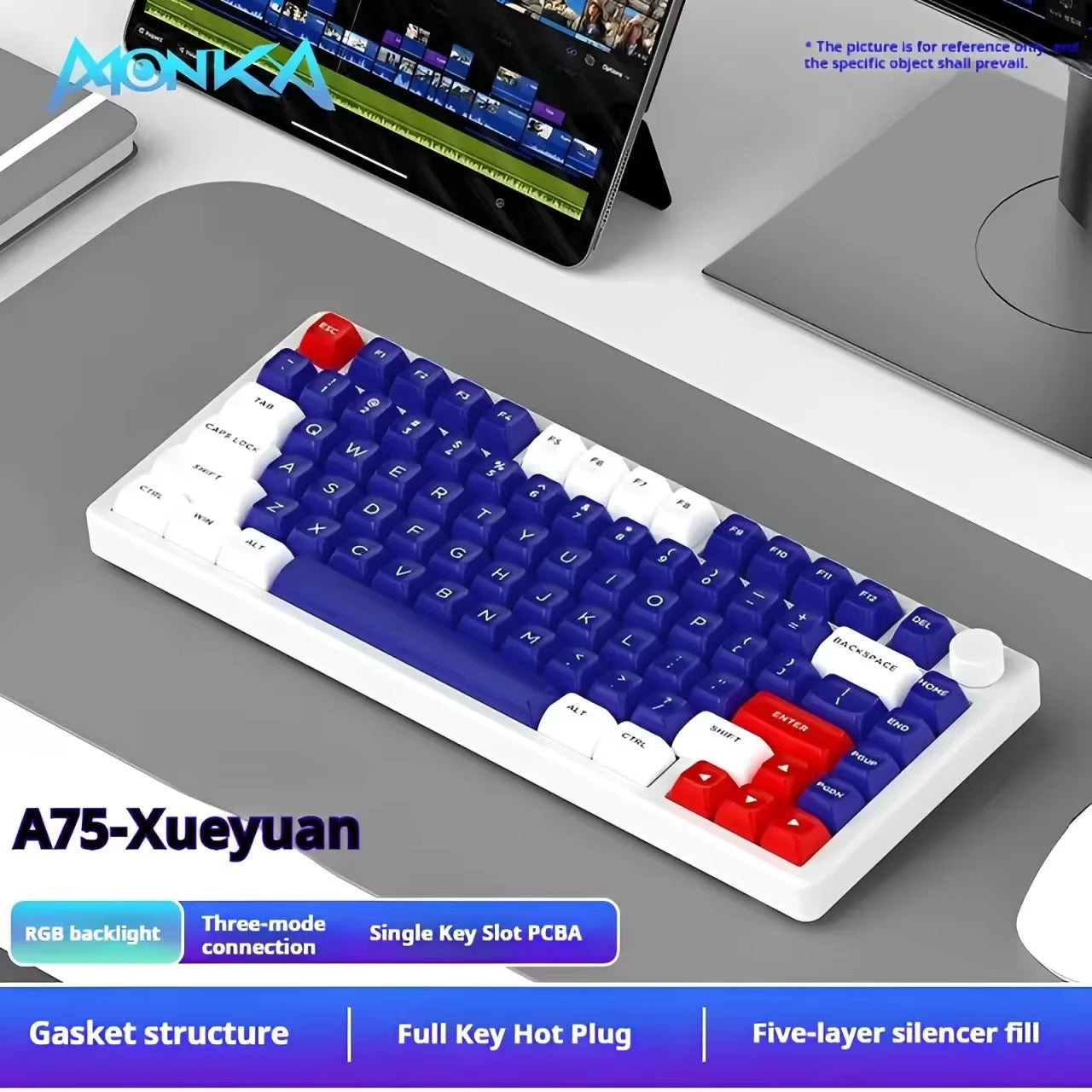 Monka A75 Wireless Mechanical Keyboard 3-Mode Aluminium Alloy 81Keys Hot Swap RGB Gasket Bluetooth5.0 Customized Gaming Keyboard