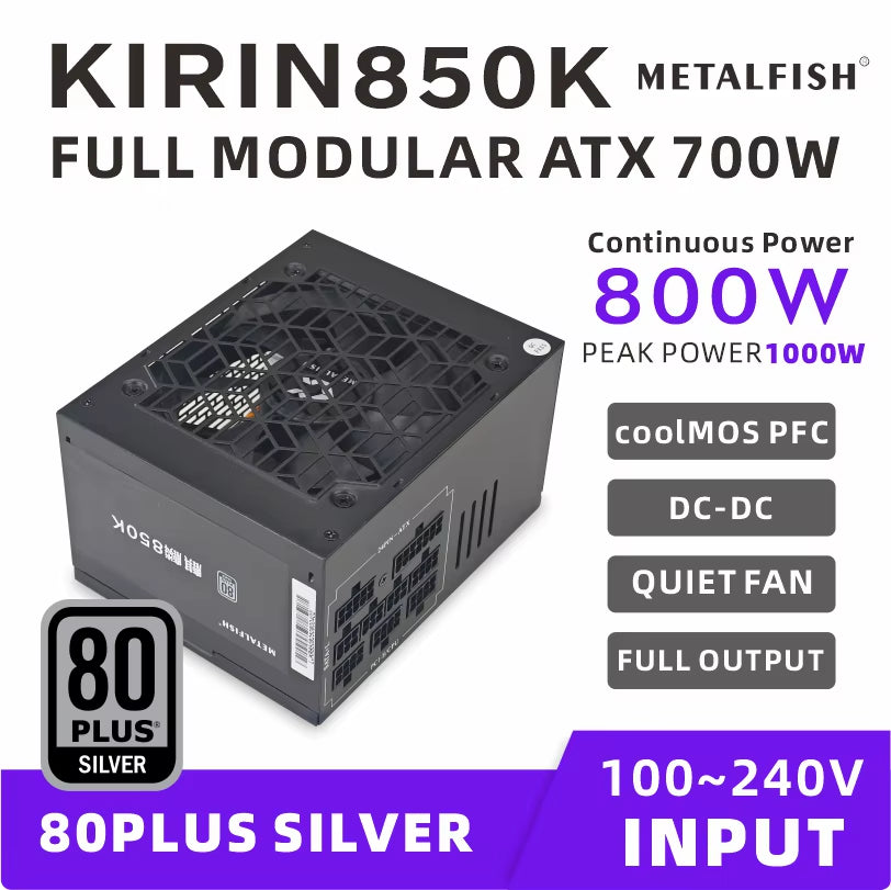 KIRIN850K ATX-600W 700W Black Power Supply 80 plus SILVER Support ATX3.0 Gaming Computer PSU for BTC(100-240V)