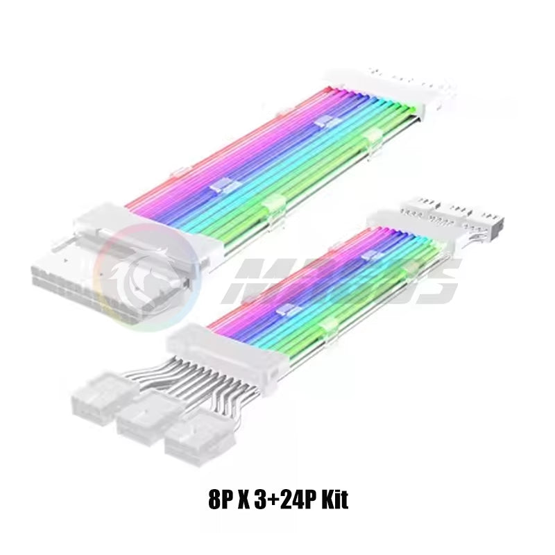 PC Case PSU Extension RGB Cable, ATX 24Pin + PCI-E GPU 8Pinx2, Neon Color Line ARGB Streamer Transfer Adapter, M/B 5V 3Pin SYNC
