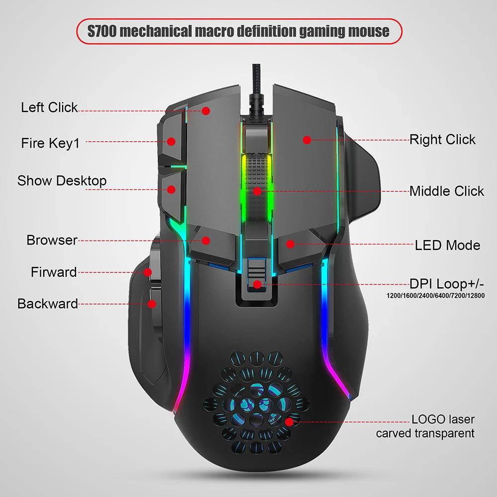 New USB Gaming Mouse Computer Mouse RGB Backlight Mause Gamer 10 Buttons Programming 7200Dpi Ergonomic Gaming Mouse for Computer