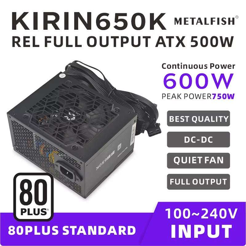 KIRIN650K Black Chassis Power Supply ATX-500W 80PLUS PSU for Gaming Computers, Graphics Card Docks (100-240V)