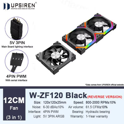 W-ZF120 120Mm 5V 3-PIN ARGB/12V 4-PIN PWM Quiet Cooling Fan Wire-Free Splicing Case Fans 800-2000RPM 61.5 CFM Air Volume