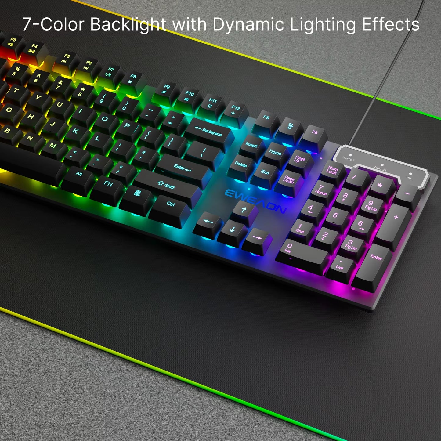 GX30Z Wired Gaming Keyboard Silent, 104 Keys Full Size LED Rainbow Backlit, Numeric Keys, Game, Office, Windows Laptop PC