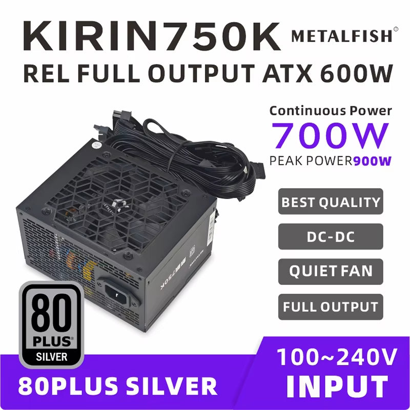 KIRIN750K Black Chassis Power Supply ATX-600W 700W 80 plus SILVER PSU Support ATX3.0 for Game Desktop (100-240V)