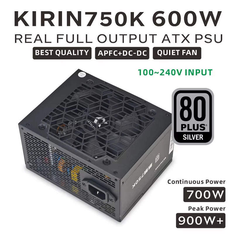 KIRIN750K Black Chassis Power Supply ATX-600W 700W 80 plus SILVER PSU Support ATX3.0 for Game Desktop (100-240V)