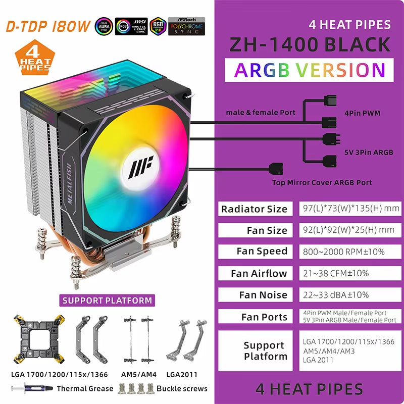 ZH1400 CPU Cooler with 4 Heatpipes & Silent ARGB Fan - Compatible with Intel & AMD Processors