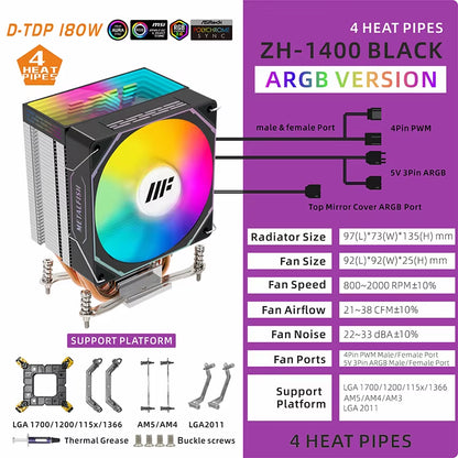 ZH1400 CPU Cooler with 4 Heatpipes & Silent ARGB Fan - Compatible with Intel & AMD Processors