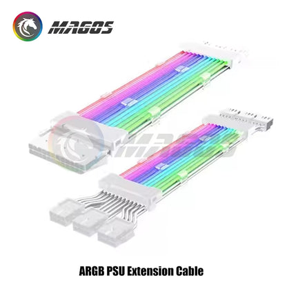 PC Case PSU Extension RGB Cable, ATX 24Pin + PCI-E GPU 8Pinx2, Neon Color Line ARGB Streamer Transfer Adapter, M/B 5V 3Pin SYNC